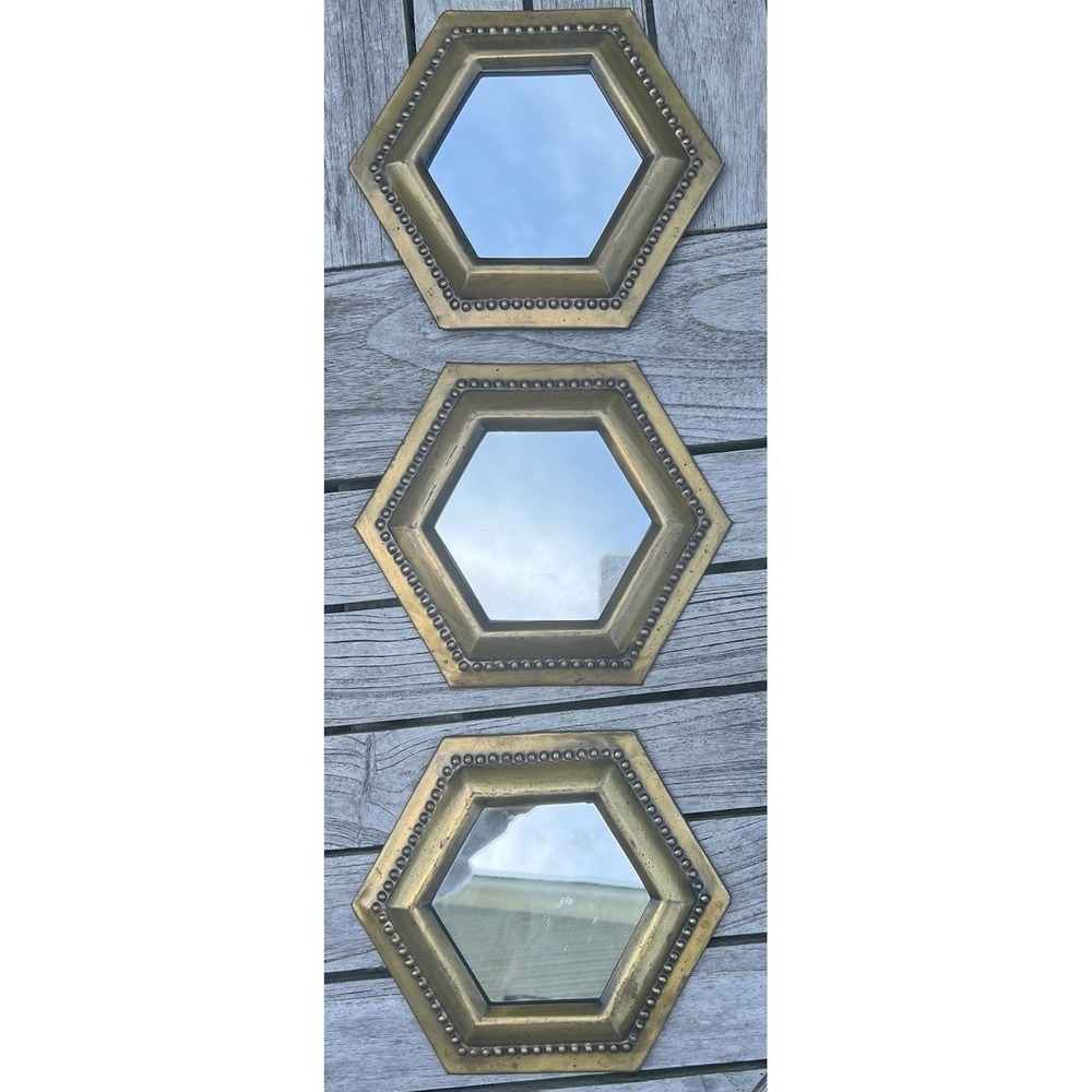 Vintage Brass Hexagon Wall Mirrors Set 3 Made in India Boho Decor Gold